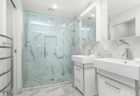 The shower has two shower heads so that you can shower together.