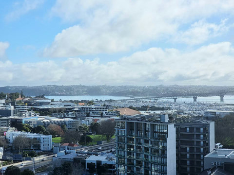 The superb view of Freemans Bay looking down to Victoria Park, then Westhaven Marina and the Auckland Harbour Bridge. To the left of the bridge is the Chelsea Sugar Works and the right Birkenhead. Highly unlikely this view will ever be built out.