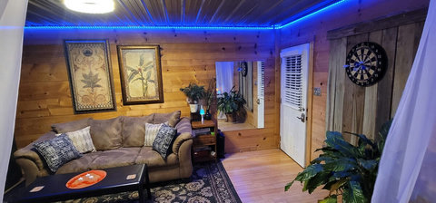 April 2026, all old "Amazon " art work removed and professional heavy wooden pieces installed. 

more plants too. Newer dart board and more darts installed. 