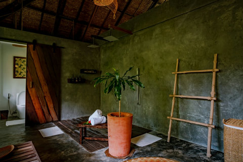 Double shower space over cozy wood deck