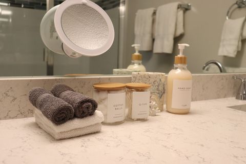 Everything you need from cotton balls, q-tips, hand soap, spa line of body soap, shampoo, conditioner, even a drawer with extra toothbrushes/razors in case you forgot to pack them.