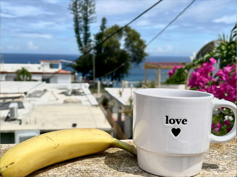 Patio Bliss: Sip your morning coffee with ocean views and vibrant tropical blooms!