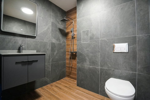 Stylish modern bathroom with walk-in rainfall shower and sleek finishes