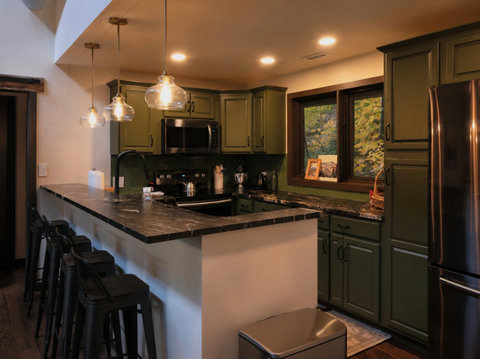 Kitchen with new appliances, 4 bar stools and coffee Maker