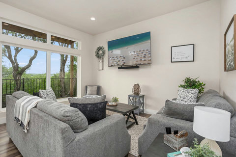 Relax in spacious living rooms with comfy seating and stylish décor—ideal for movie nights, family gatherings, or just unwinding after a day on the river. Your home away from home at The Riverscape at Gruene!