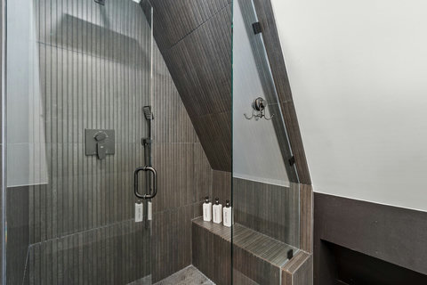 Large modern walk in shower. 
