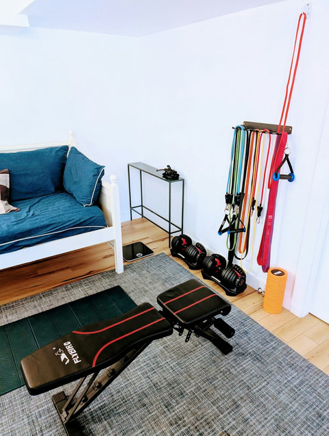 3 wall anchors. adjustable weights,  mirror, elastics and yoga mat and foam roller. 