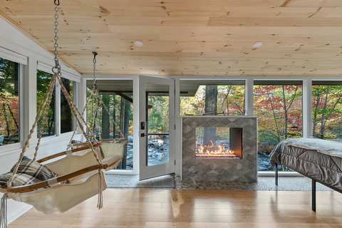 Swings and fireplace. 