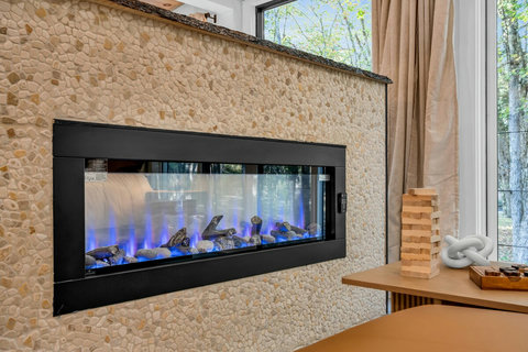 50' see though fireplace. Push a button and the center opacity will change. Heat or just for the décor 