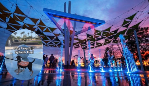 Dog-friendly splash pad with glowing fountains and stunning sunset vibes
