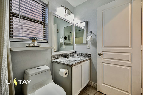 Bright modern bathroom with granite vanity and natural light