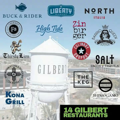 Walk to 14 popular Gilbert restaurants near the iconic water tower