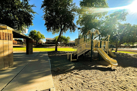 Sunny family-friendly park with playground, shade trees, and open green space