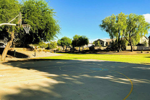 Outdoor basketball court next to a sunny green park setting