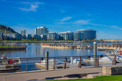 Bright waterfront views overlooking the marina and modern city skyline