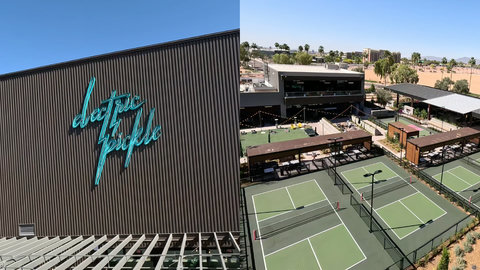Modern pickleball courts with stylish lounge space and resort-style vibes