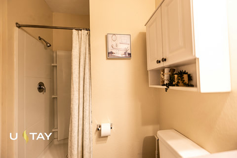 Clean bathroom with walk-in shower and handy over-toilet storage