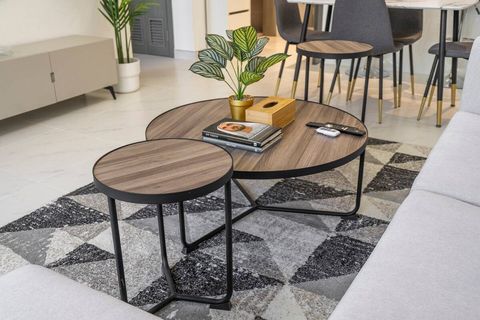 Living room featuring a modern coffee table, side table, and lush greenery.