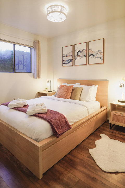 Peaceful bedroom with calming décor.