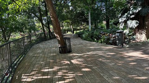 Parque cerca del edificio con mucha naturaleza.