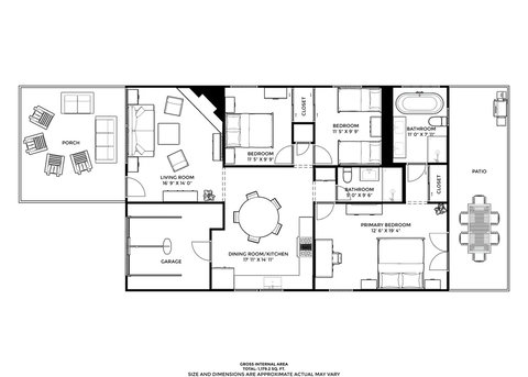 Floor plan of our single-story beach bungalow—ideal for families, couples, and guests who prefer easy, stair-free living.