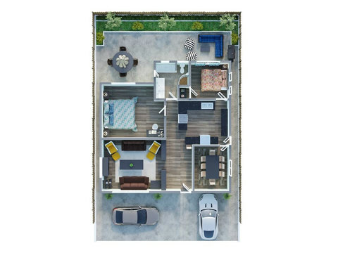 Compact yet cozy, the living room offers plenty of space to gather and catch a game on the 65" Smart TV.