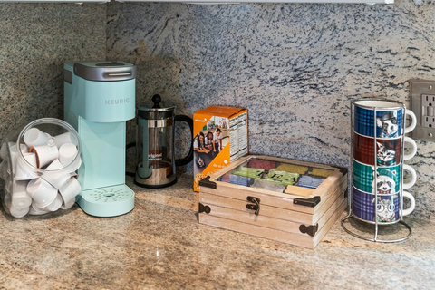 Keurig Station: Coffee, Pods & Tea Included Enjoy a fresh cup with your choice of Keurig pods or tea—your vacation caffeine fix is ready when you are.