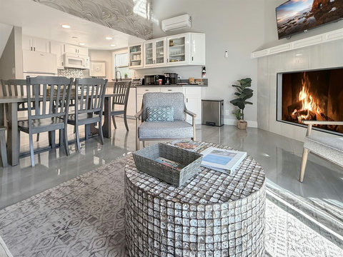 View from living space of dining and new kitchen