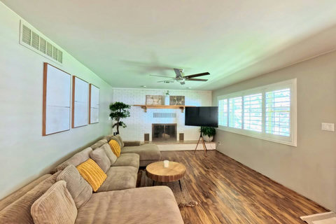 A soft sofa, Smart TV, wood burning fireplace, and room to make yourself at home.