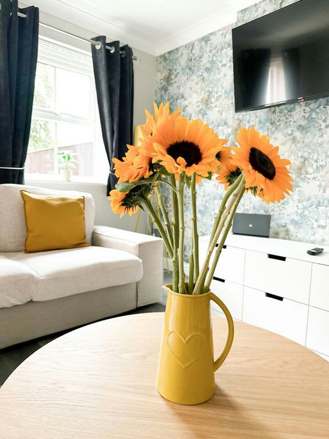 Living room featuring two-seater sofa, two armchairs, TV, storage space, table and chairs.