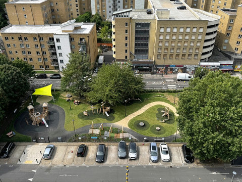 Open views over the nearby landscaped children’s play area and surrounding neighbourhood from the apartment.