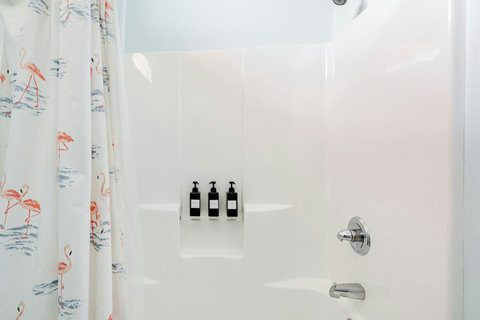 Shower stocked with soap and shampoo