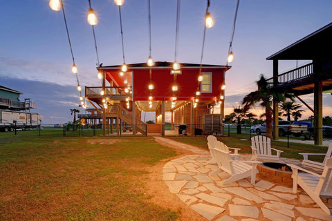 String lights over the fire pit and patio