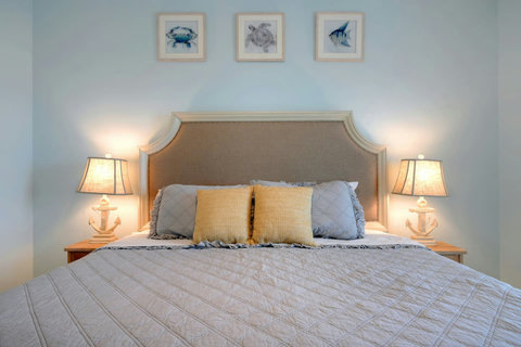 King bed with upholstered headboard