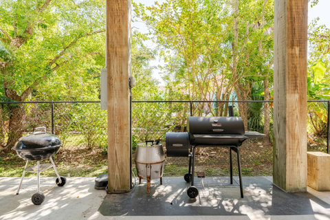 Charcoal grills and a smoker