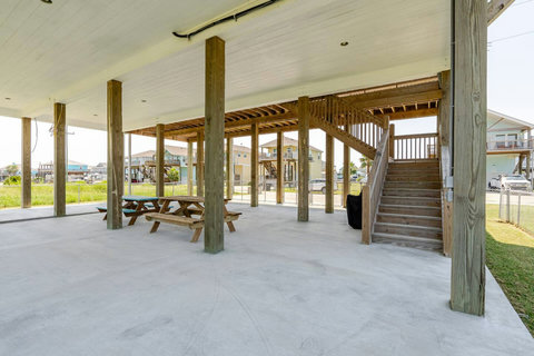 Shaded patio with a picnic table