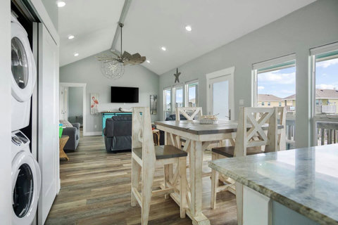 High-top dining table by the windows