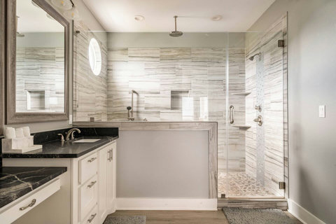 Walk-in shower with a rain head