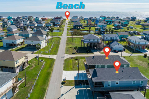 Aerial view: both houses, a short walk to the beach
