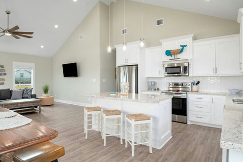 Kitchen island with the living room beside it