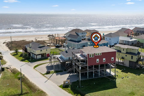 The house and beach from above