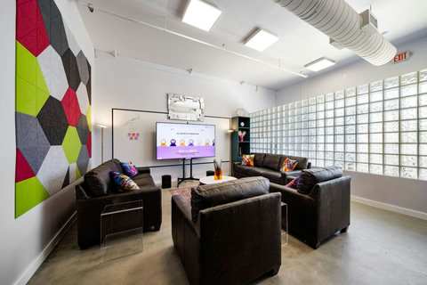 Group seating by the glass block wall
