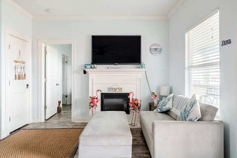 Cozy seating area by the fireplace