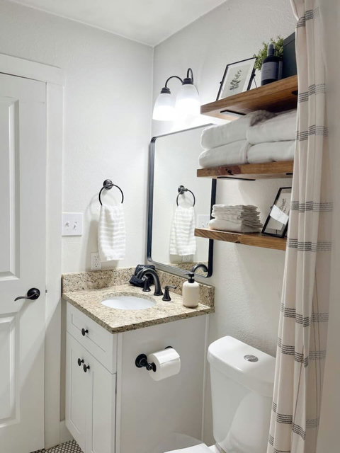 Hall bath with open shelves