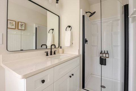Bath vanity and walk-in shower