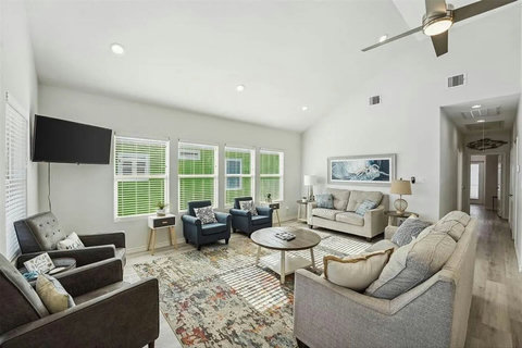 Living area with a view down the hallway