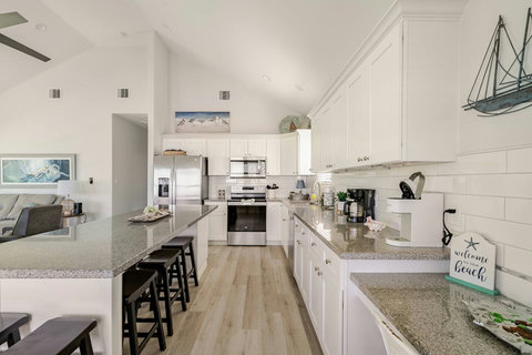Long galley kitchen with plenty of counters