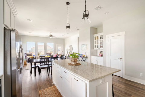 Kitchen island with the dining area beyond