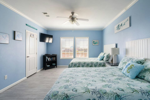 Bedroom with two beds, a TV and a bookshelf