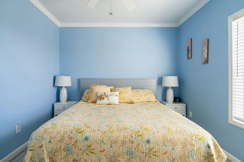 Cozy bedroom with soft coastal colors